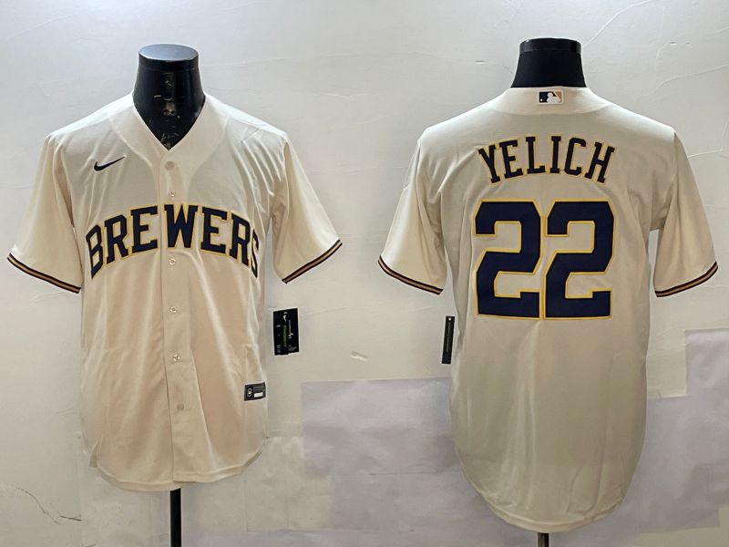 Men Milwaukee Brewers #22 Yelich Cream Game 2025 Nike MLB Jersey style 2